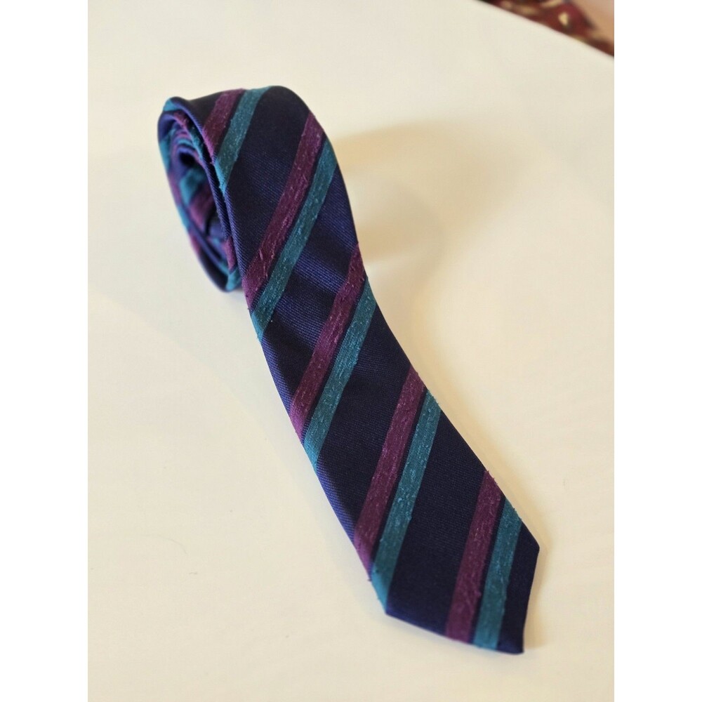 Charles Tyrwhitt 100% Silk Necktie | Navy Regimental Stripe Teal Plum | Handmade